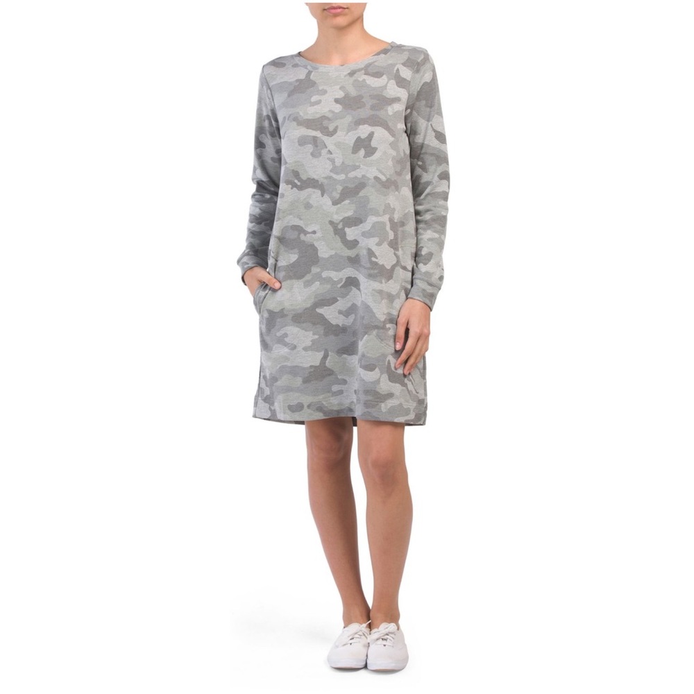 JANE & DELANCEY Camo Print Sweatshirt Tunic Dress Gray Long Sleeve Pockets Small